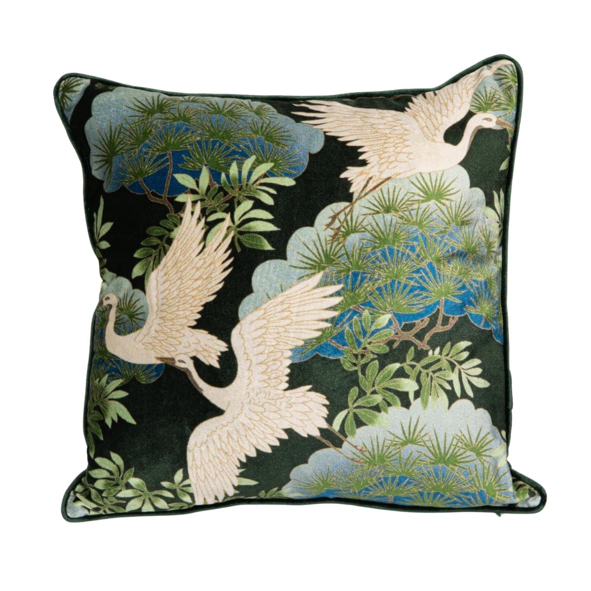 Creative Co-Op, Multicolor Cotton Blend Velvet Printed Pillow with Cranes and Piping