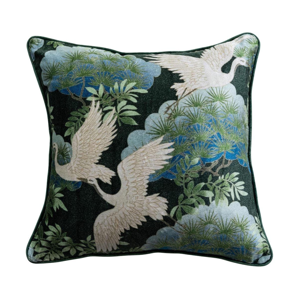 Creative Co-Op, Multicolor Cotton Blend Velvet Printed Pillow with Cranes and Piping thumbnail 3