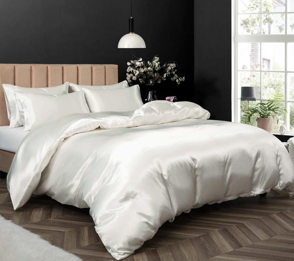 P Pothuiny 5 Pieces Satin Duvet Cover Full/Queen Size Set, Luxury Silky Like Ivory White Duvet Cover Bedding Set with Zipper Closure, 1 Duvet Cover + 4 Pillow Cases (No Comforter) thumbnail 3