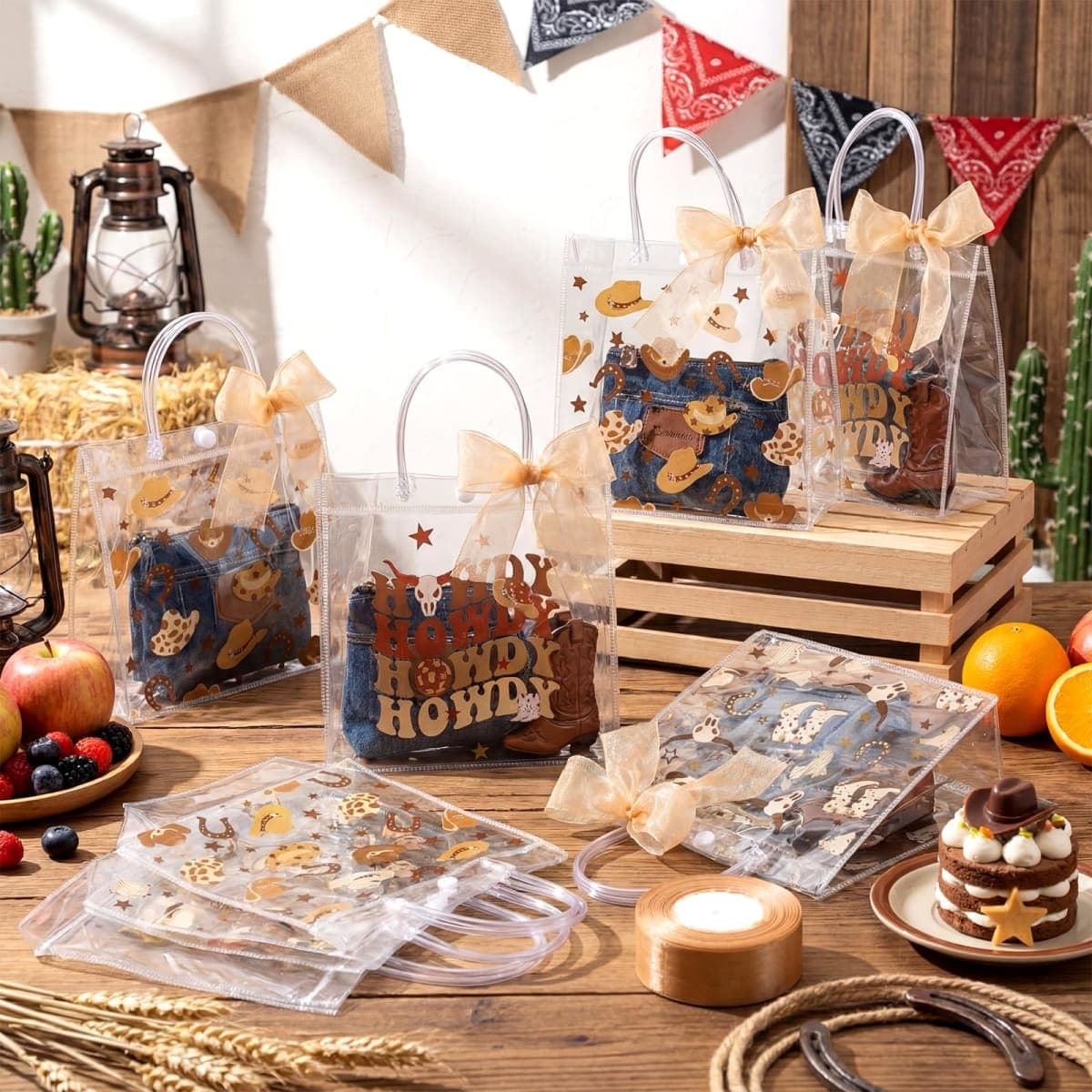SilTriangle 30 Pcs Western Cowboy Clear Gift Bag with Handle Ribbon PVC Howdy Cowboy Bow Party Favor Reusable Goodie Treat Bag for Birthday Bachelorette Baby Shower Party Supplies thumbnail 3