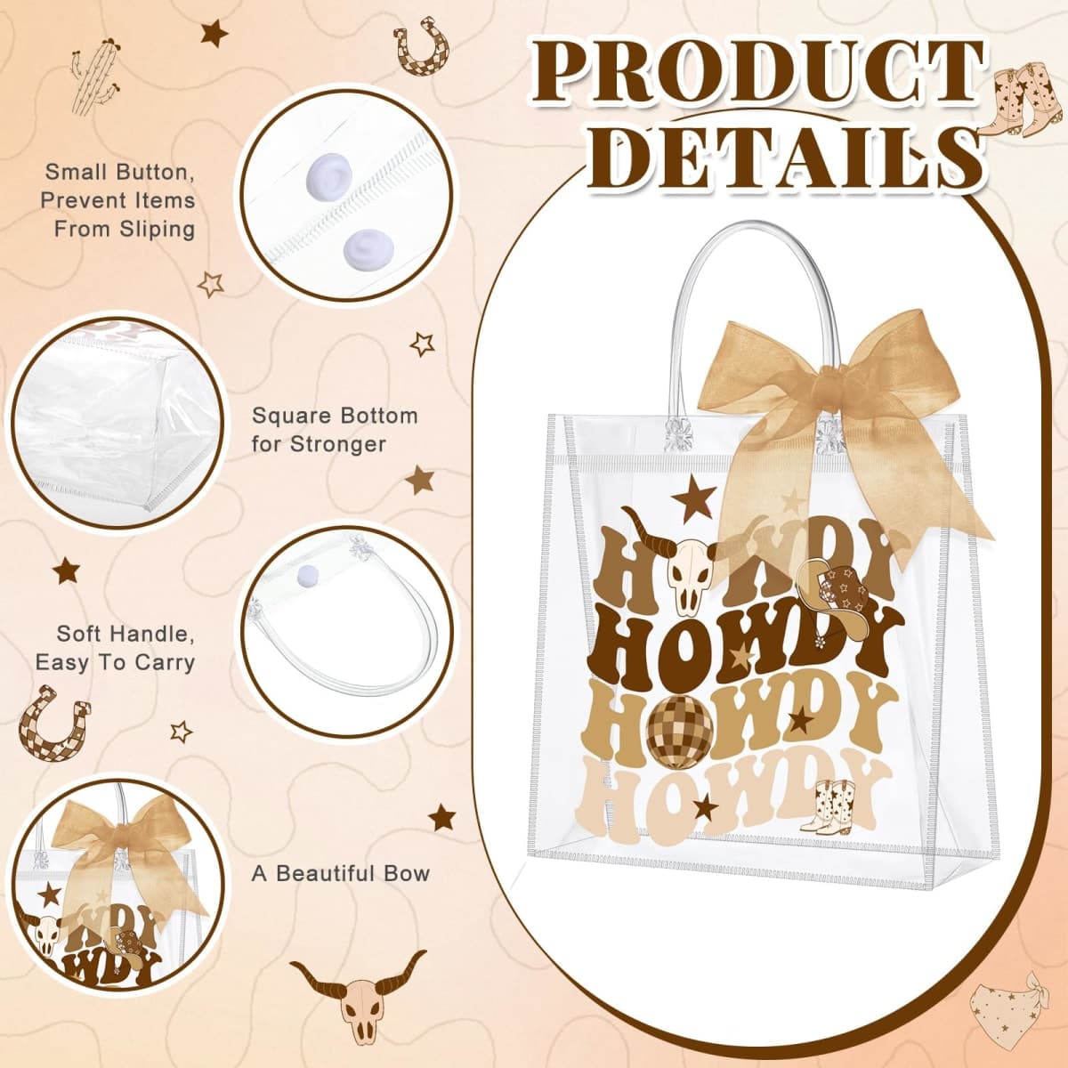 SilTriangle 30 Pcs Western Cowboy Clear Gift Bag with Handle Ribbon PVC Howdy Cowboy Bow Party Favor Reusable Goodie Treat Bag for Birthday Bachelorette Baby Shower Party Supplies thumbnail 4