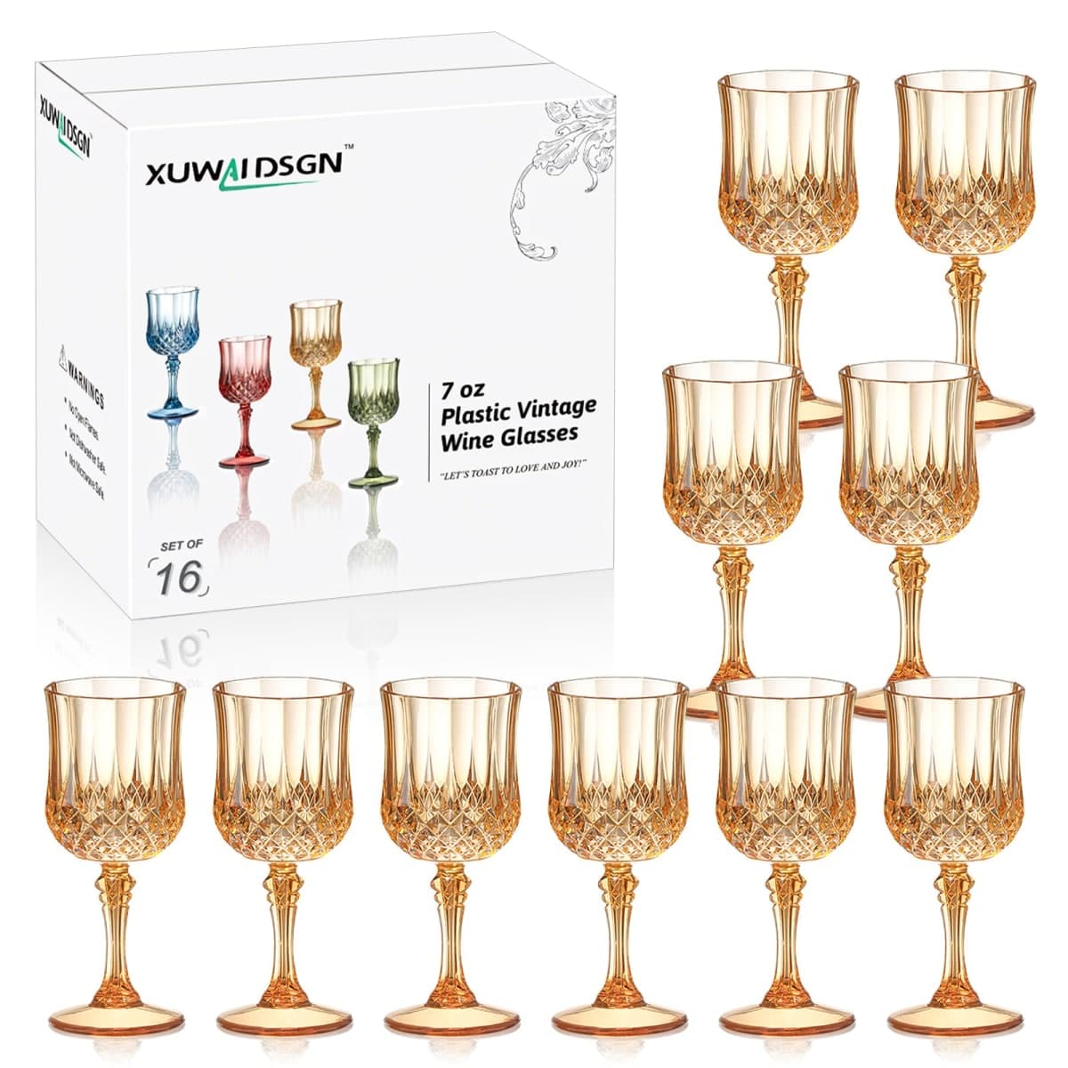 XUWAIDSGN 16 Pcs 7oz Plastic Vintage Wine Glasses Drinking Glasses Unbreakable Wedding Glassware Crystal Water Goblets Reusable Drinkware Vintage Champagne Flutes (16, Pink)
