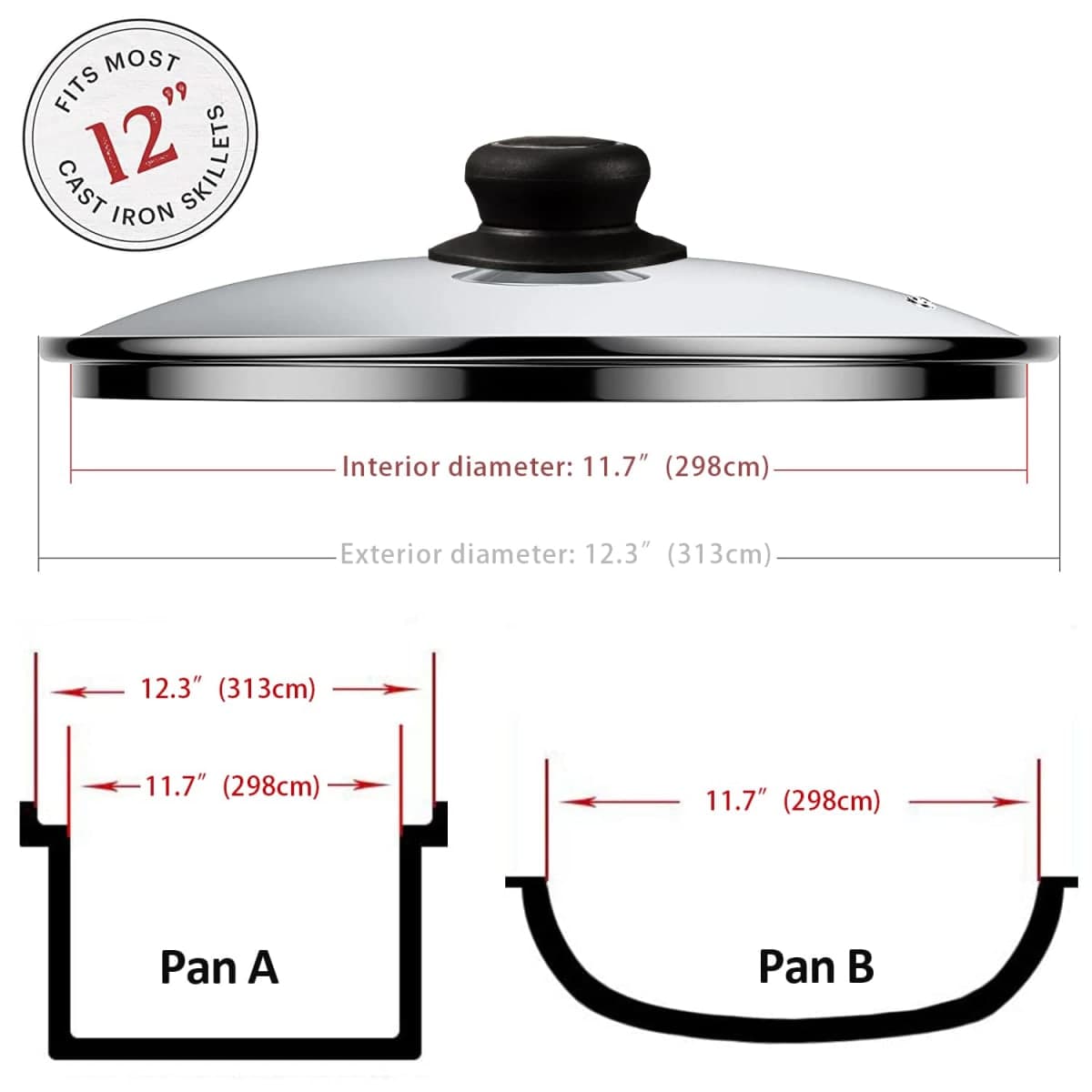 12 Inch Glass Lid for Frying Pan, Pans, Skillets & Pots, Clear thumbnail 2