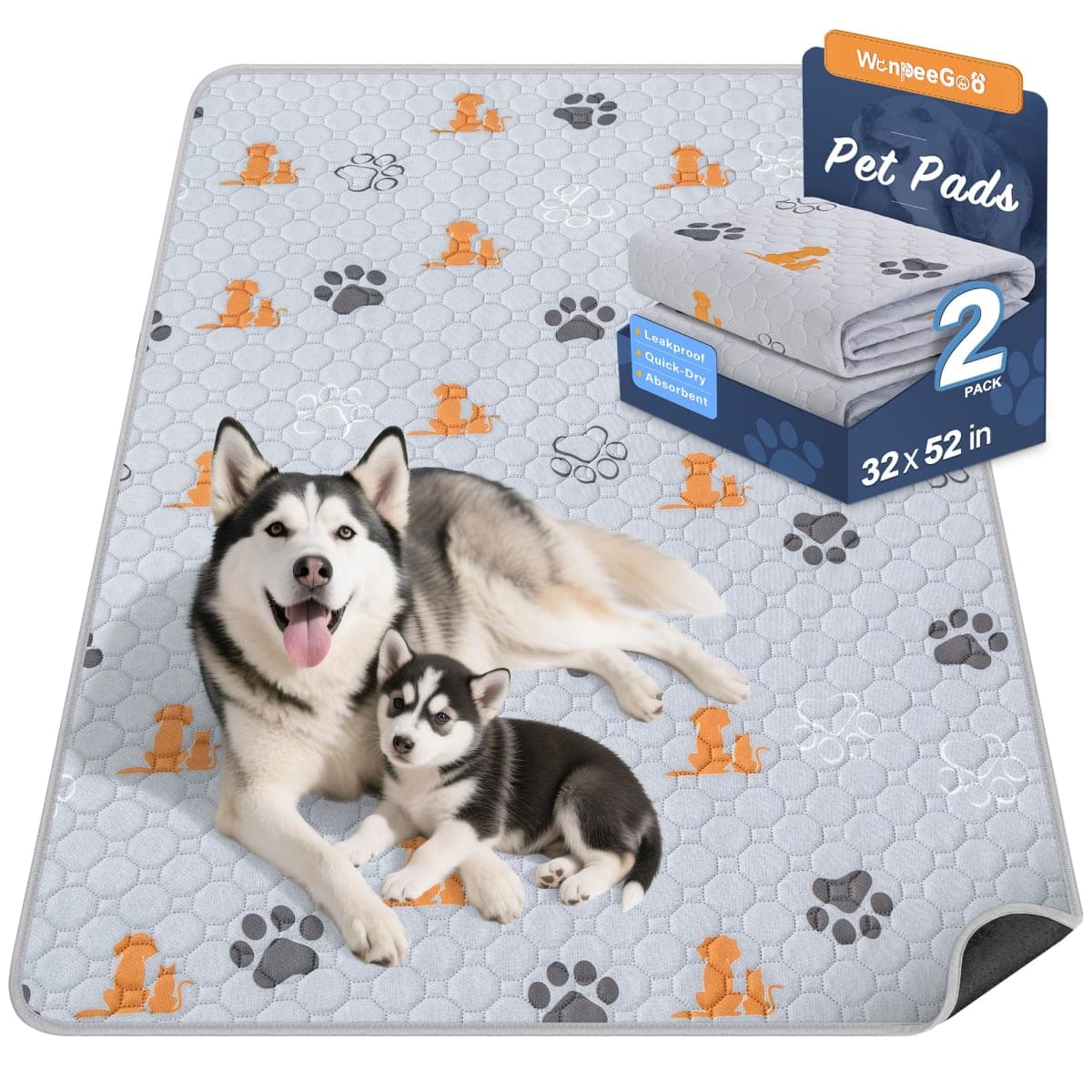 WanpeeGoo Washable Pee Pads for Dogs, Waterproof, 32 x 52 in, 2 Pack, Orng