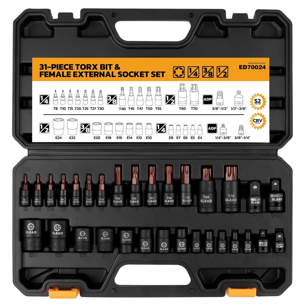 31-Piece Torx Bit Socket Set: Premium CR-V & S2 Alloy Steel, Star T8-T70 & E-Torx E4-E24, High Torque Laser Marked for Automotive Mechanic
