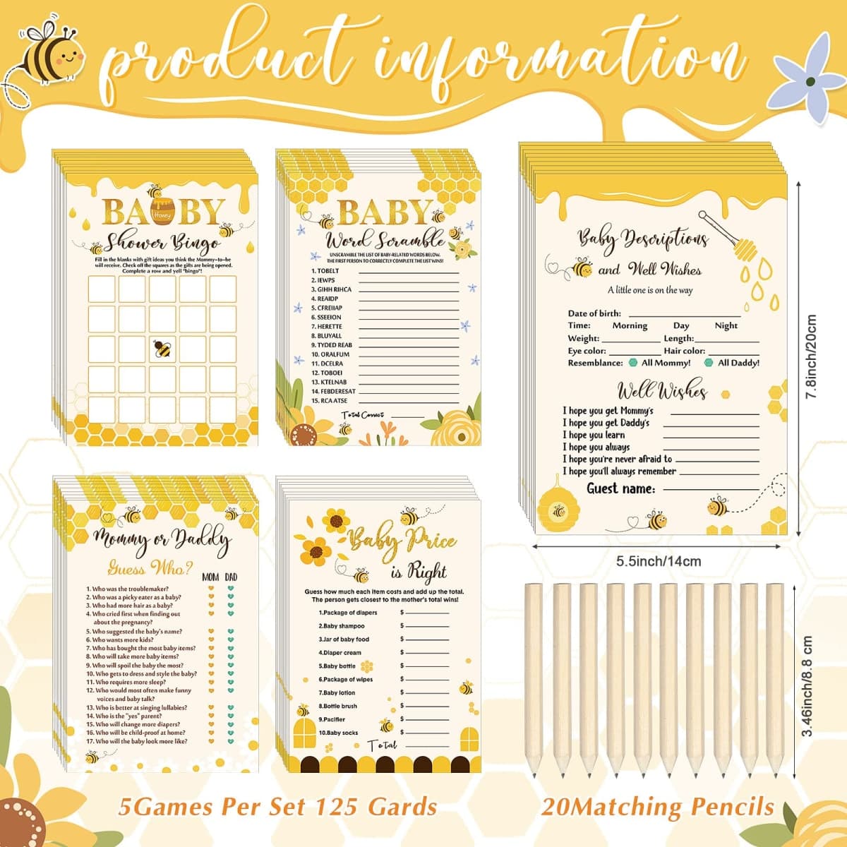 Roowest 145 Pcs Bee Baby Shower Games Gender Neutral Set Includes 125 Pcs 5 Kinds Party Games 20 Pencils for Honeycomb Bee Baby Shower Decorations Favors Gender Reveal Party Supplies thumbnail 2