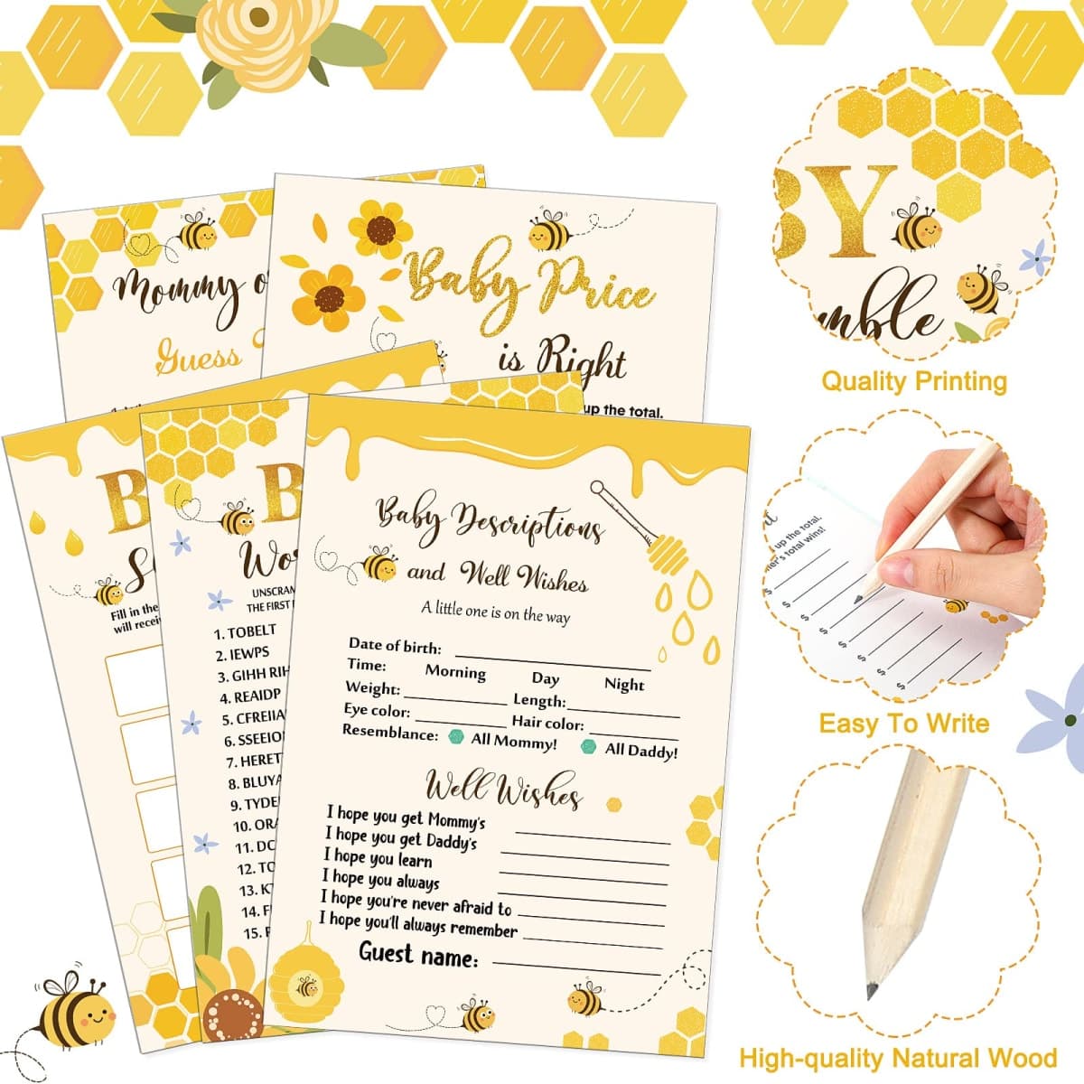 Roowest 145 Pcs Bee Baby Shower Games Gender Neutral Set Includes 125 Pcs 5 Kinds Party Games 20 Pencils for Honeycomb Bee Baby Shower Decorations Favors Gender Reveal Party Supplies thumbnail 3