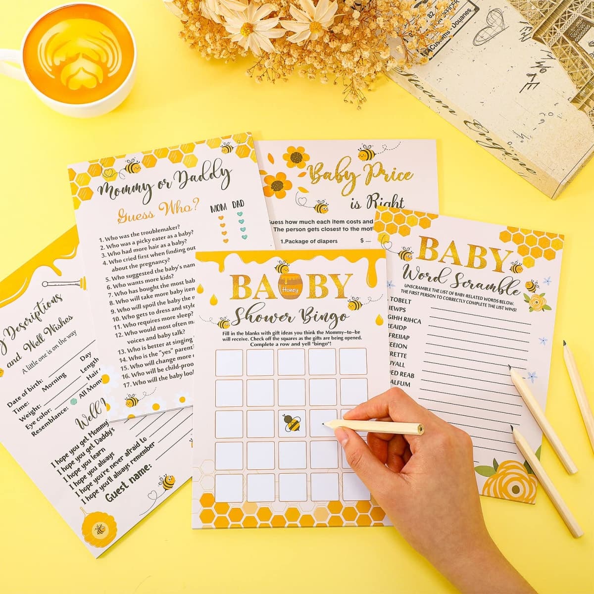 Roowest 145 Pcs Bee Baby Shower Games Gender Neutral Set Includes 125 Pcs 5 Kinds Party Games 20 Pencils for Honeycomb Bee Baby Shower Decorations Favors Gender Reveal Party Supplies thumbnail 4