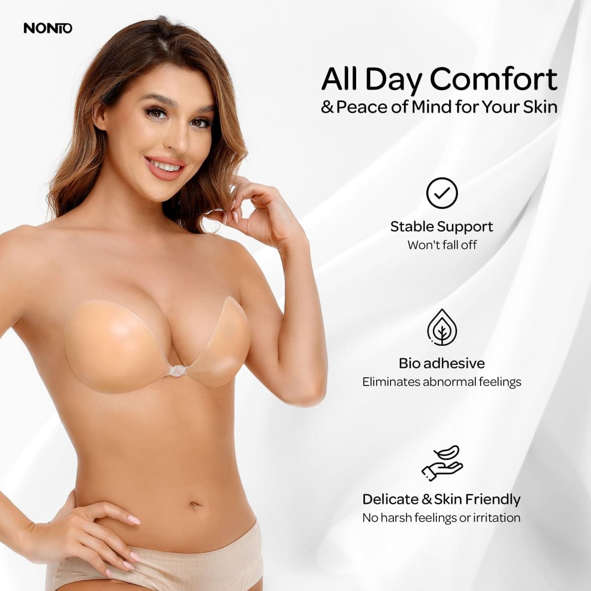 NONIO Adhesive Bra Strapless Sticky Invisible Push up Reusable Silicone Bra The Best Off Backless Viscous Bra for Women Nude thumbnail 2