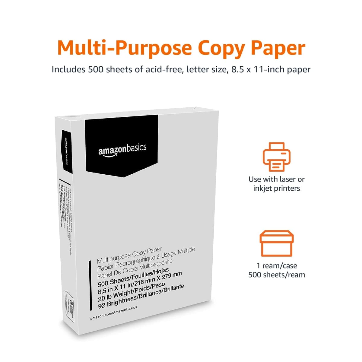 Amazon Basics Multipurpose Copy Printer Paper, 21.6 x 27.9cm, 9.07kg, 1 Ream, (500 Sheets), 92 Bright, White thumbnail 2
