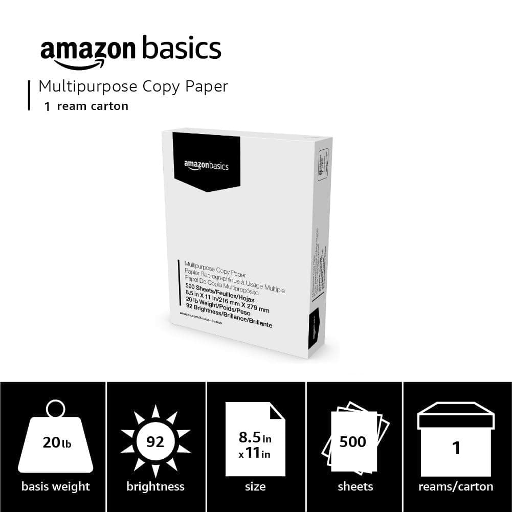 Amazon Basics Multipurpose Copy Printer Paper, 21.6 x 27.9cm, 9.07kg, 1 Ream, (500 Sheets), 92 Bright, White thumbnail 3