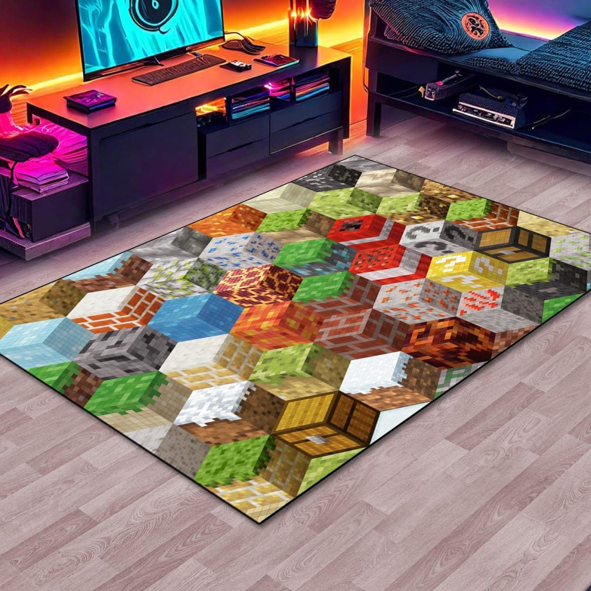 DRVAKO Cube Pixel Game Rug, Multicolor, 60" x 40", Gaming Area Rug for Boys Bedroom, Living Room, Playroom, Non-Slip, Water Resistant, Machine Washable