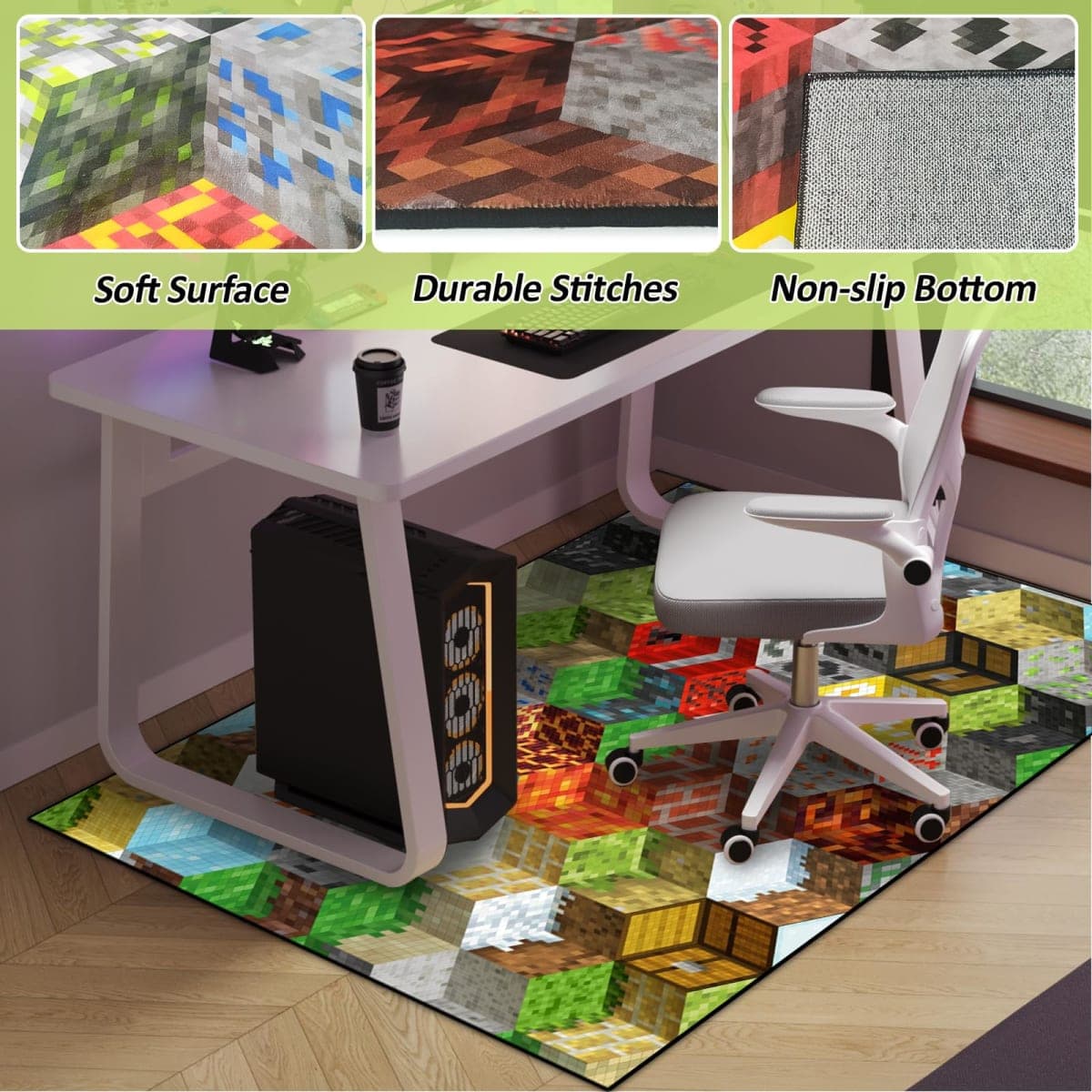 DRVAKO Cube Pixel Game Rug, Multicolor, 60" x 40", Gaming Area Rug for Boys Bedroom, Living Room, Playroom, Non-Slip, Water Resistant, Machine Washable thumbnail 4