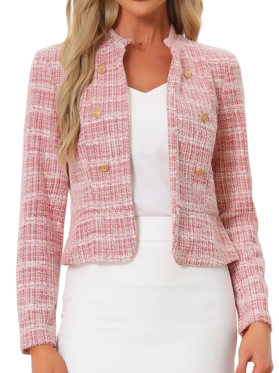 Allegra K Women's Vintage Tweed Jackets Business Open Front Cropped Blazer
