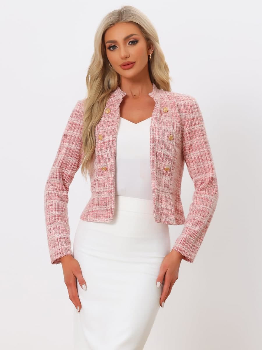 Allegra K Women's Vintage Tweed Jackets Business Open Front Cropped Blazer thumbnail 4