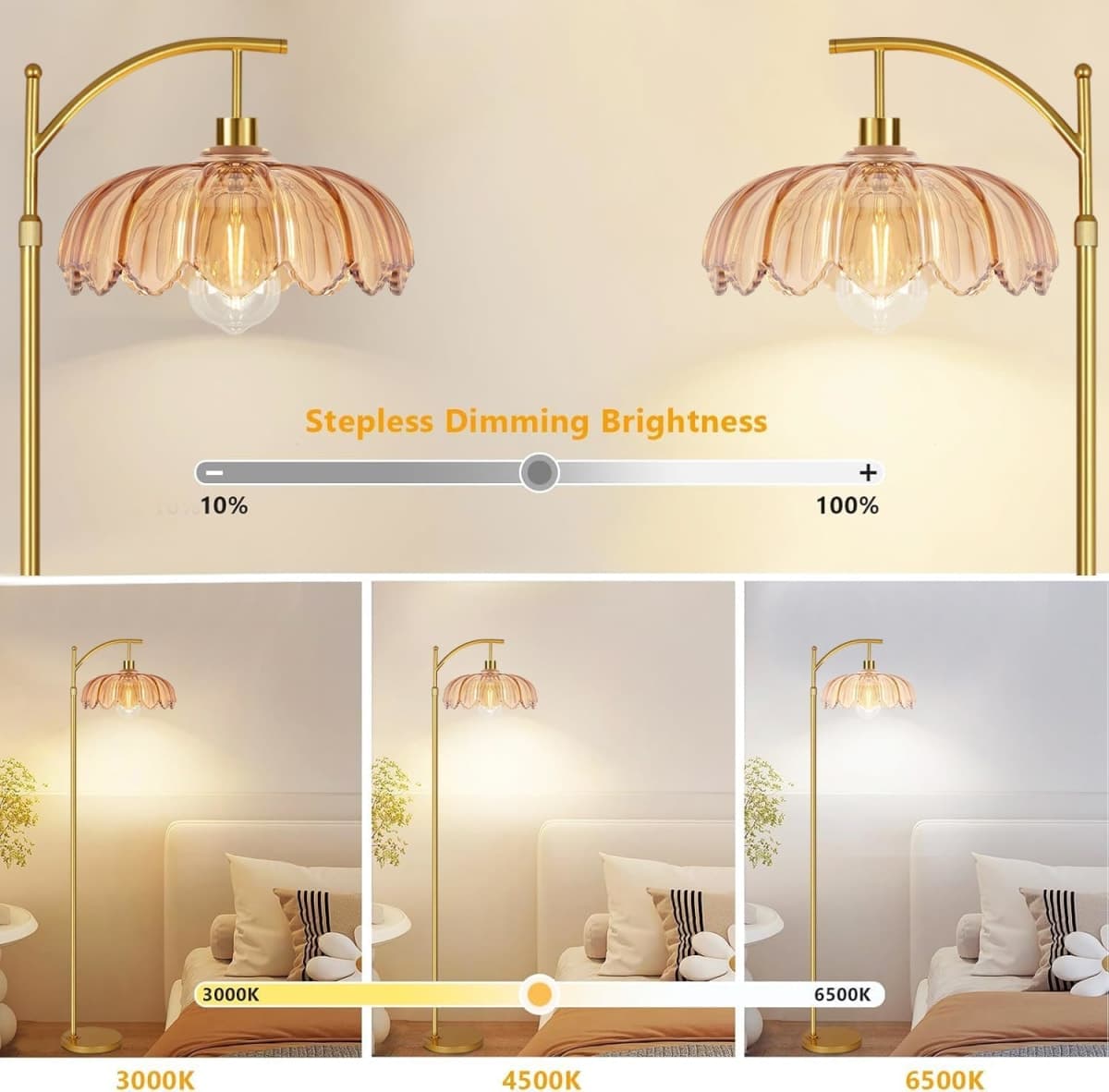 Arc Floor Lamp for Living Room Gold Floor Lamp with Remote Control,Dimmable Floor Lamps With Glass Lampshades,Mid Century Modern Standing Lamp Tall Vintage Flower Floor Lamps for Bedroom,Corner thumbnail 2