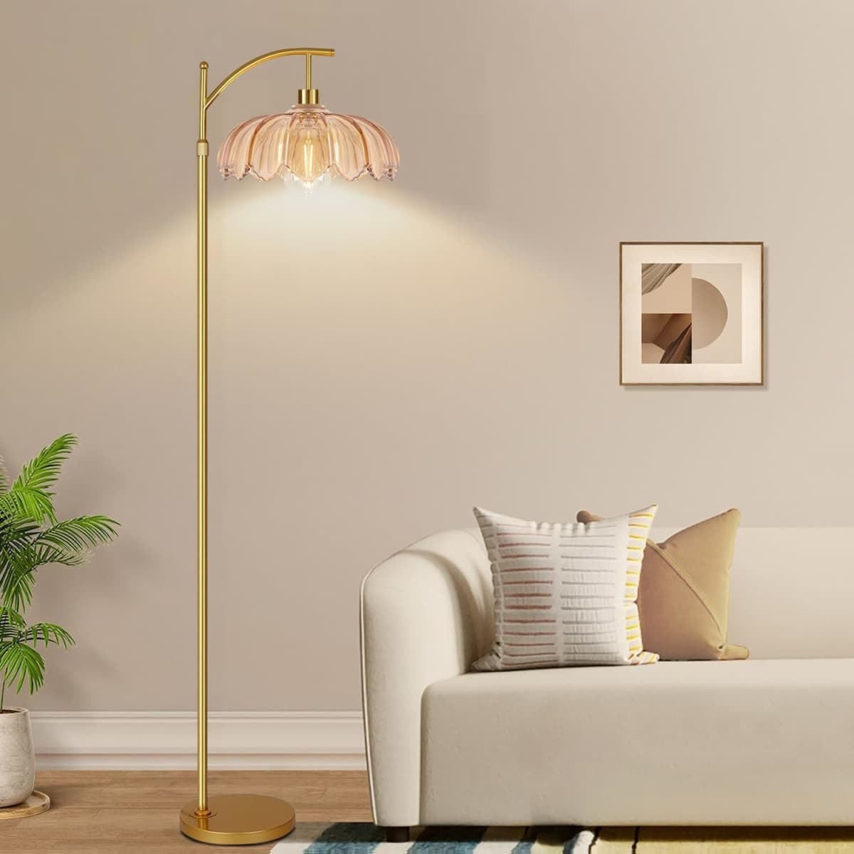 Arc Floor Lamp for Living Room Gold Floor Lamp with Remote Control,Dimmable Floor Lamps With Glass Lampshades,Mid Century Modern Standing Lamp Tall Vintage Flower Floor Lamps for Bedroom,Corner thumbnail 3