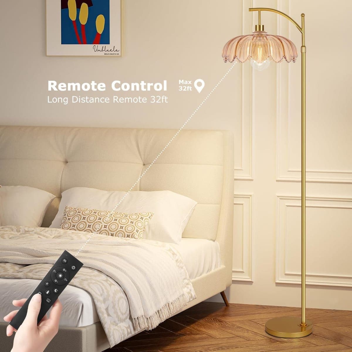 Arc Floor Lamp for Living Room Gold Floor Lamp with Remote Control,Dimmable Floor Lamps With Glass Lampshades,Mid Century Modern Standing Lamp Tall Vintage Flower Floor Lamps for Bedroom,Corner thumbnail 4