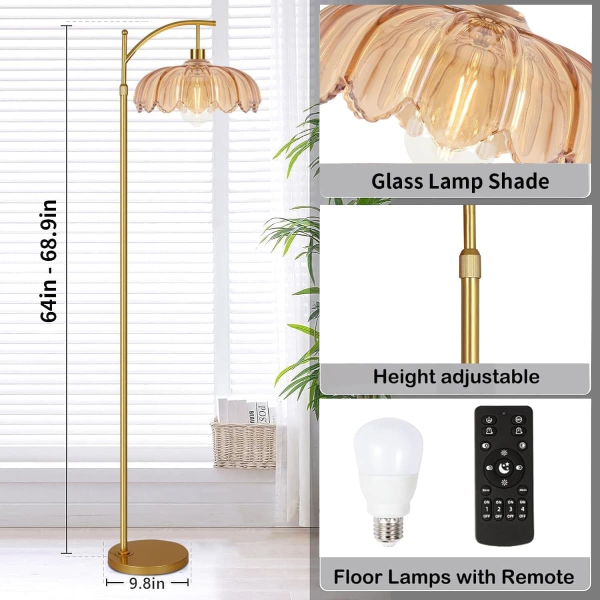 Arc Floor Lamp for Living Room Gold Floor Lamp with Remote Control,Dimmable Floor Lamps With Glass Lampshades,Mid Century Modern Standing Lamp Tall Vintage Flower Floor Lamps for Bedroom,Corner thumbnail 5