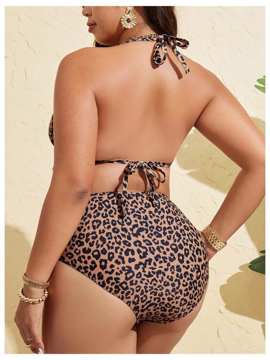 SHENHE Women's Plus Size High Waisted Bikini Set Tummy Control Ruffle Halter Leopard Swimsuits 2 Piece, Brown, XX-Large Plus thumbnail 2