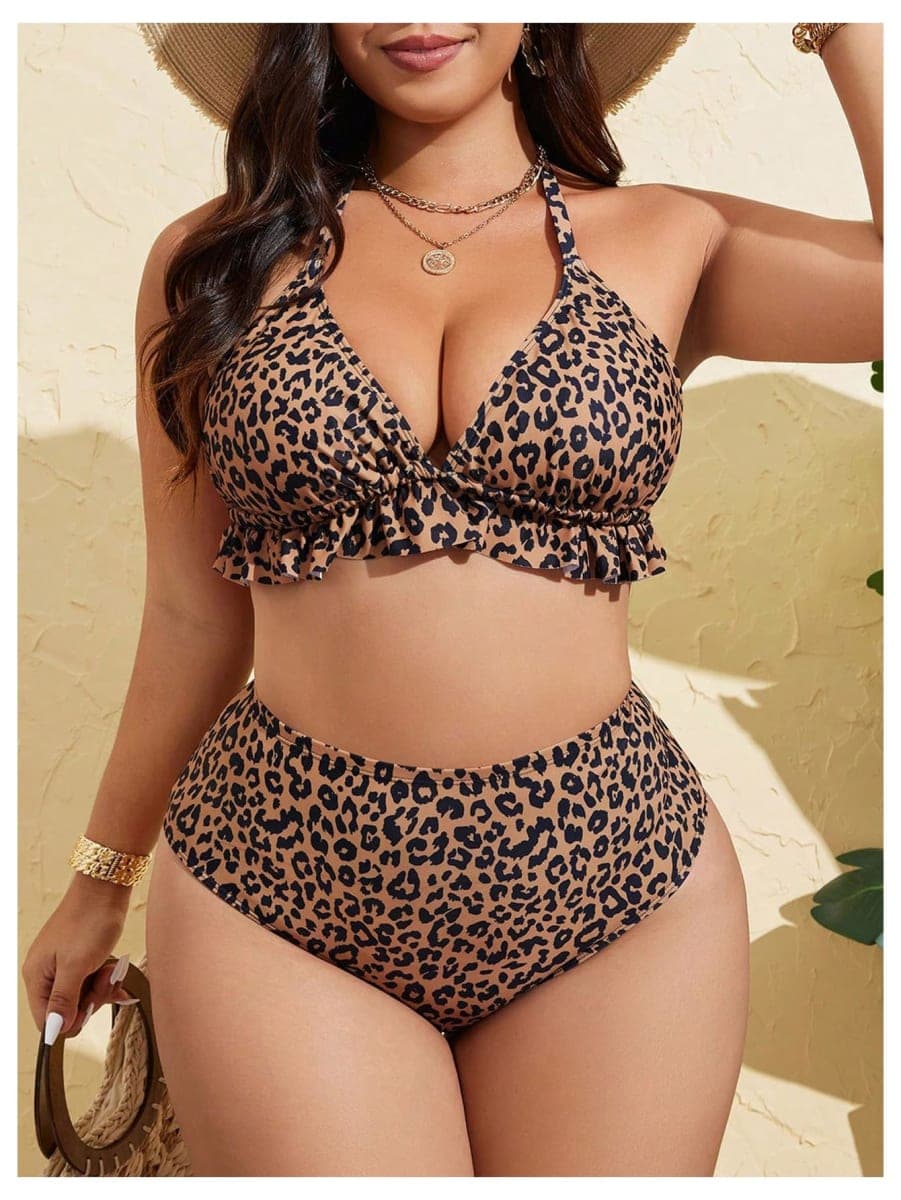 SHENHE Women's Plus Size High Waisted Bikini Set Tummy Control Ruffle Halter Leopard Swimsuits 2 Piece, Brown, XX-Large Plus thumbnail 3