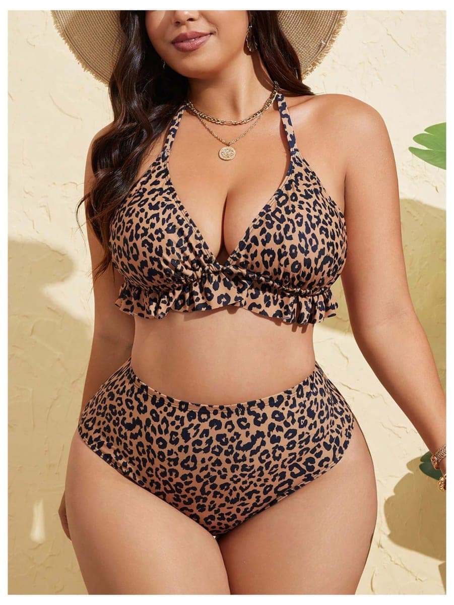 SHENHE Women's Plus Size High Waisted Bikini Set Tummy Control Ruffle Halter Leopard Swimsuits 2 Piece, Brown, XX-Large Plus thumbnail 4