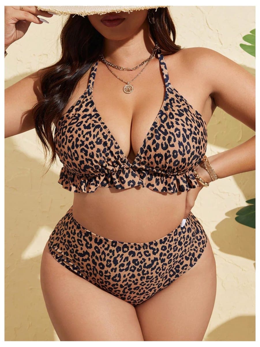SHENHE Women's Plus Size High Waisted Bikini Set Tummy Control Ruffle Halter Leopard Swimsuits 2 Piece, Brown, XX-Large Plus thumbnail 5