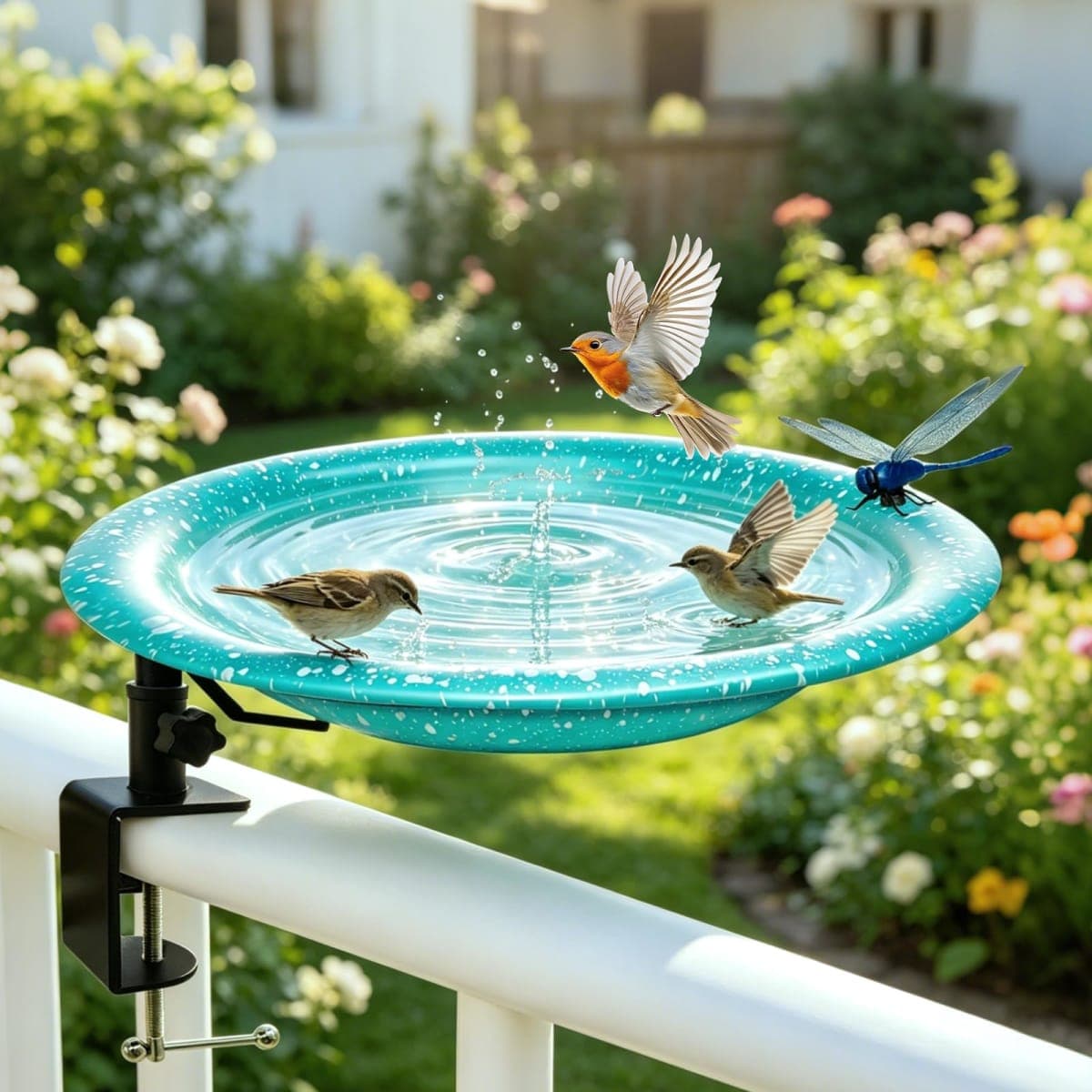 TIANCENTRAL H 11.5" Deck Mounted Birdbath & Feeder Sky Blue Dots Yard Decor — image 1