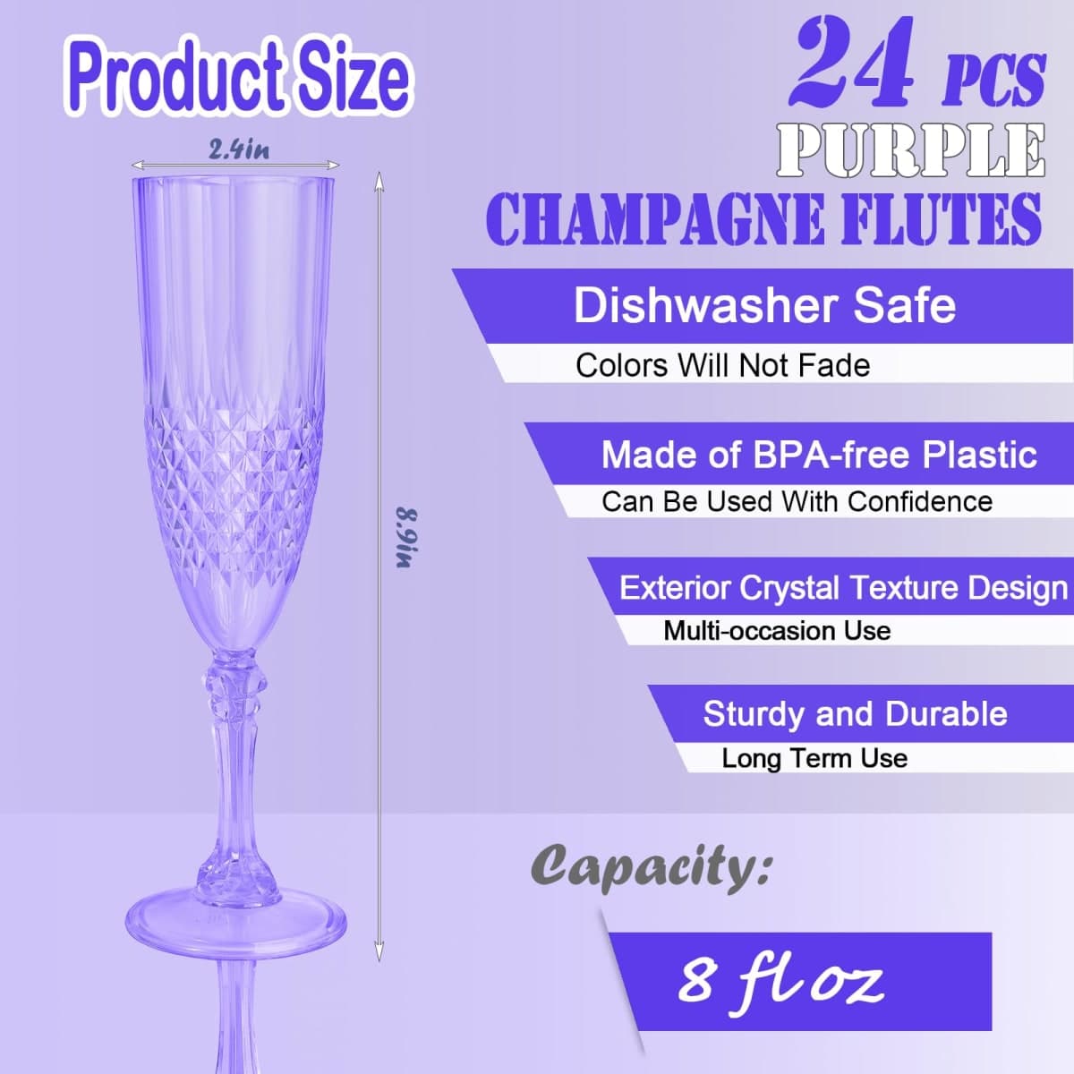 CHICERA 24 Purple Plastic Champagne Flutes, Purple Champagne Glass Bulk, made of durable plastic material, can be used for weddings, everyday fun parties and more thumbnail 2