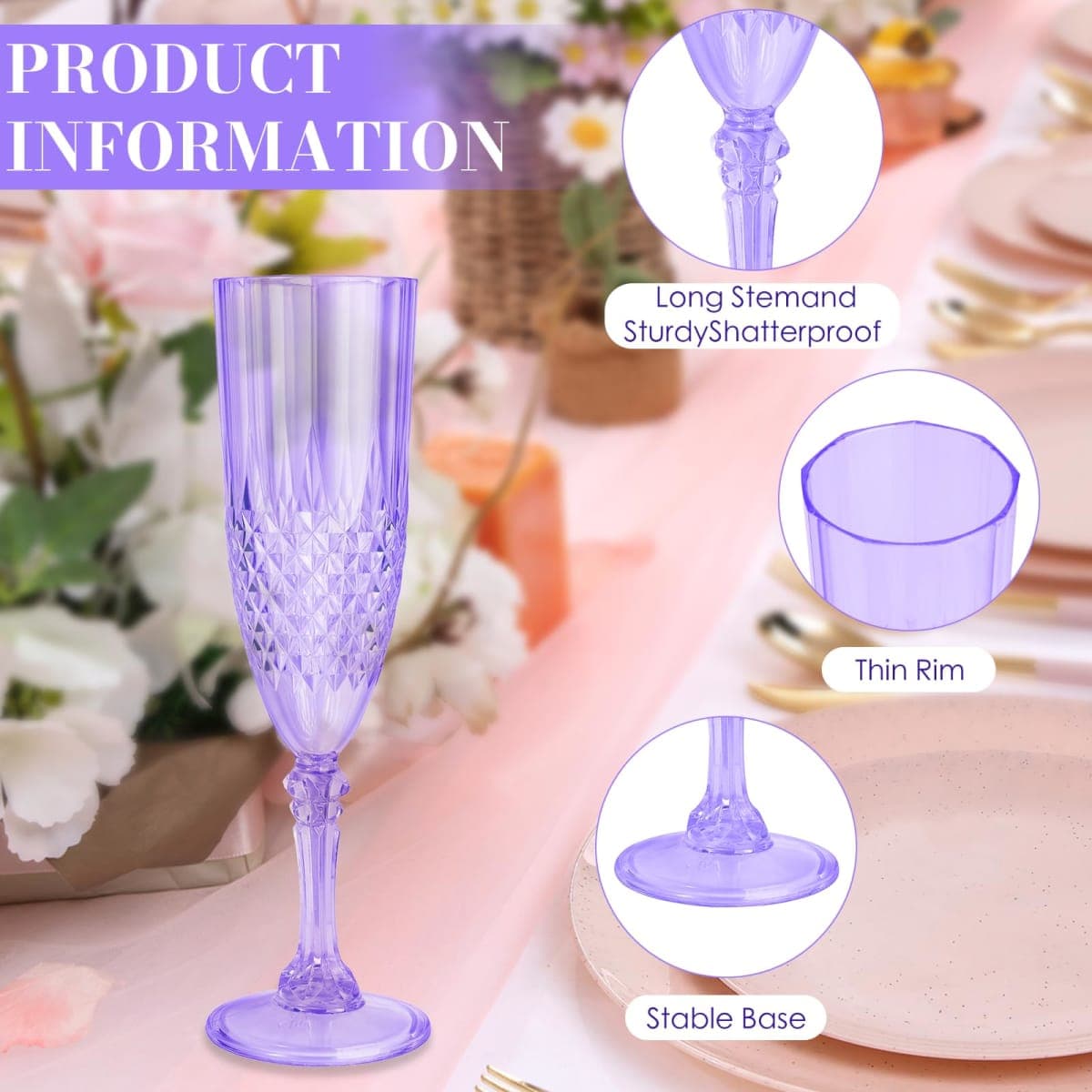 CHICERA 24 Purple Plastic Champagne Flutes, Purple Champagne Glass Bulk, made of durable plastic material, can be used for weddings, everyday fun parties and more thumbnail 4