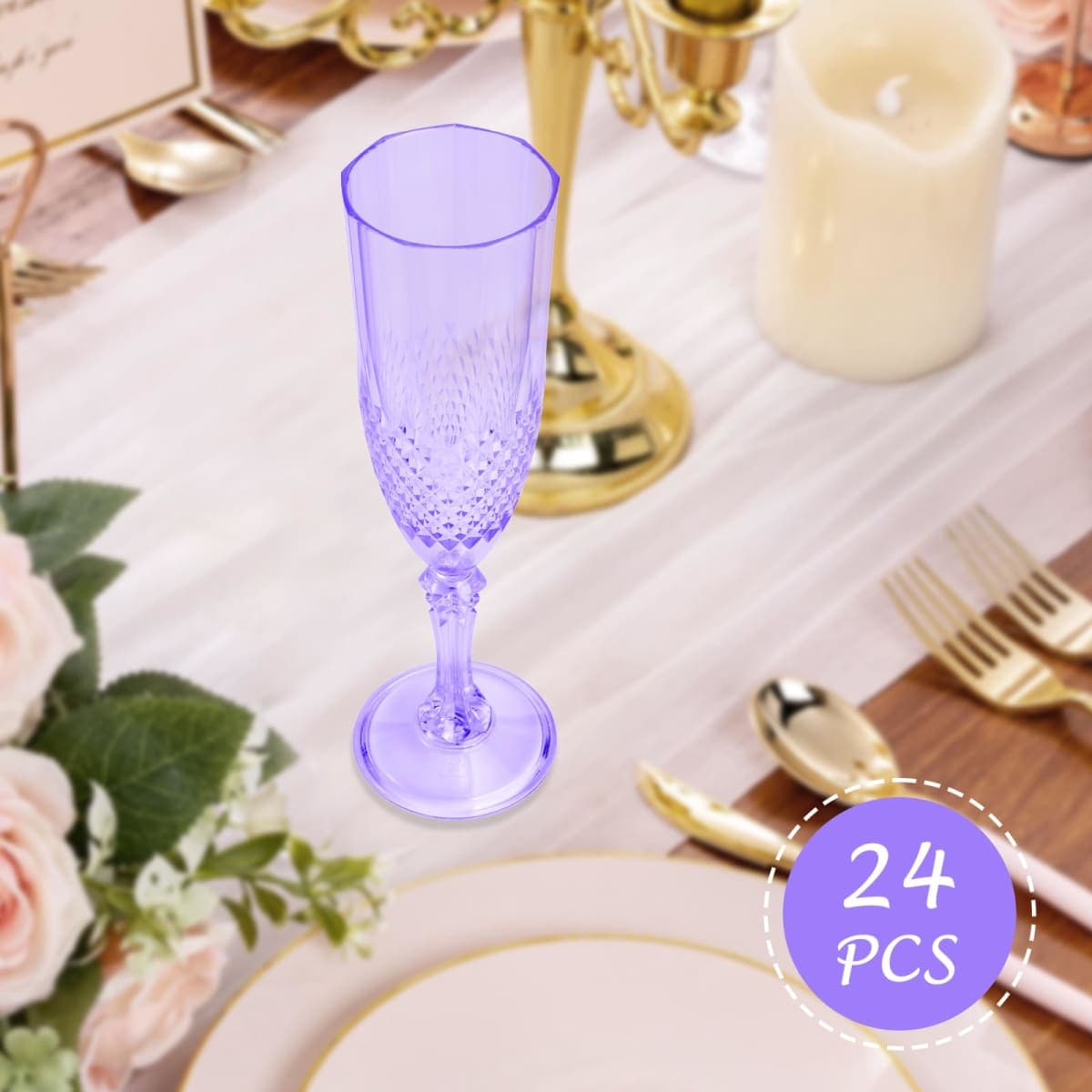 CHICERA 24 Purple Plastic Champagne Flutes, Purple Champagne Glass Bulk, made of durable plastic material, can be used for weddings, everyday fun parties and more thumbnail 5