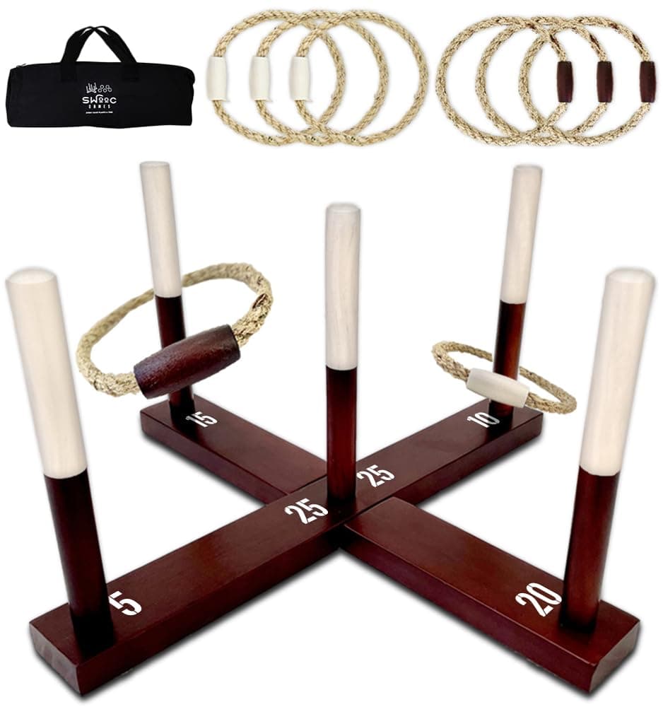 Swooc Games - Premium Rustic Ring Toss Game (All Weather) - Easy Setup & Extra Games Included - Outdoor Ring Toss Game for Adults and Kids - Yard Activity For Adults - Oversized Lawn Activity Rope Set — image 1