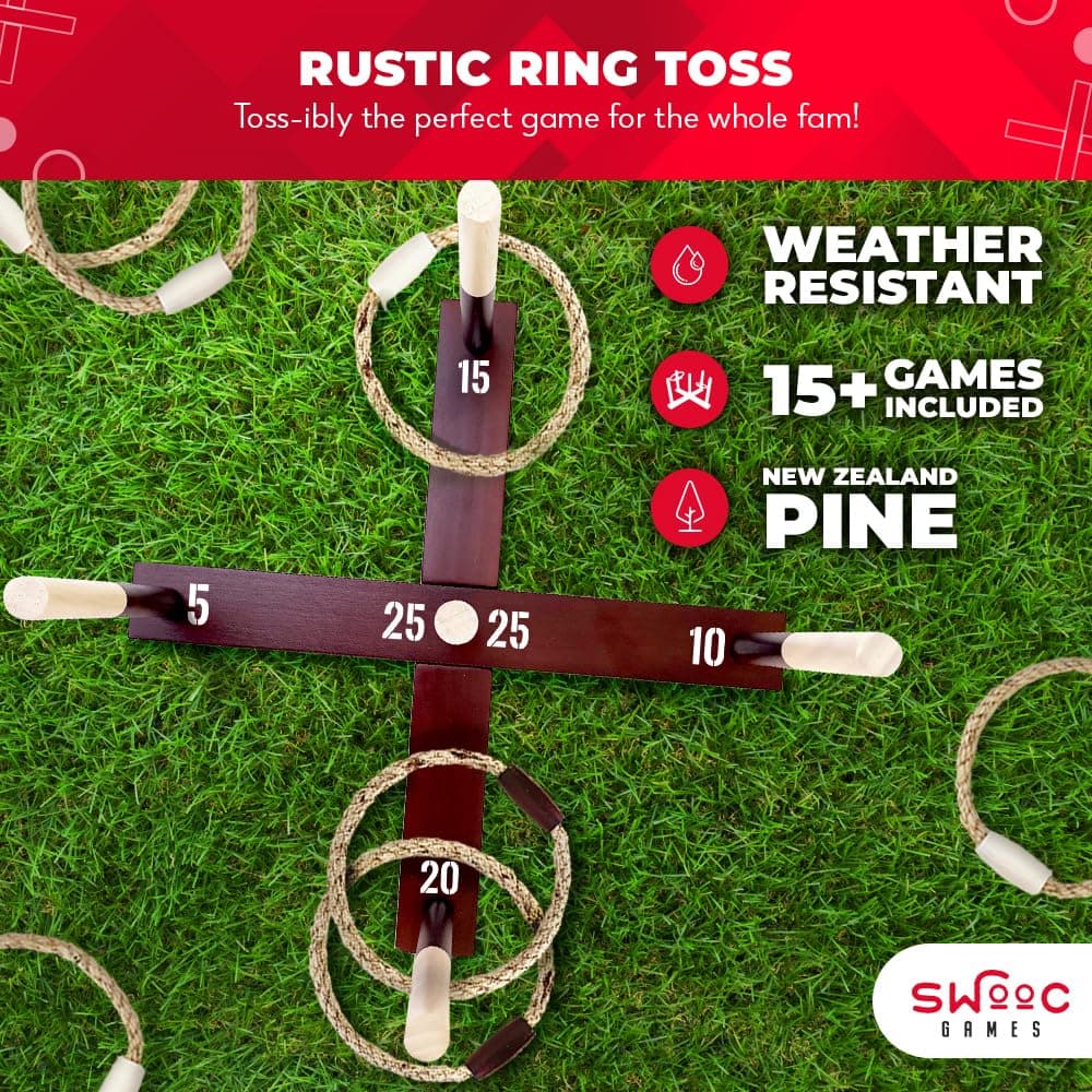 Swooc Games - Premium Rustic Ring Toss Game (All Weather) - Easy Setup & Extra Games Included - Outdoor Ring Toss Game for Adults and Kids - Yard Activity For Adults - Oversized Lawn Activity Rope Set thumbnail 2