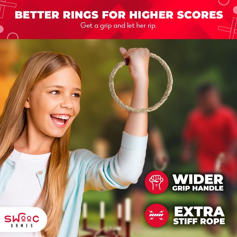 Swooc Games - Premium Rustic Ring Toss Game (All Weather) - Easy Setup & Extra Games Included - Outdoor Ring Toss Game for Adults and Kids - Yard Activity For Adults - Oversized Lawn Activity Rope Set thumbnail 3