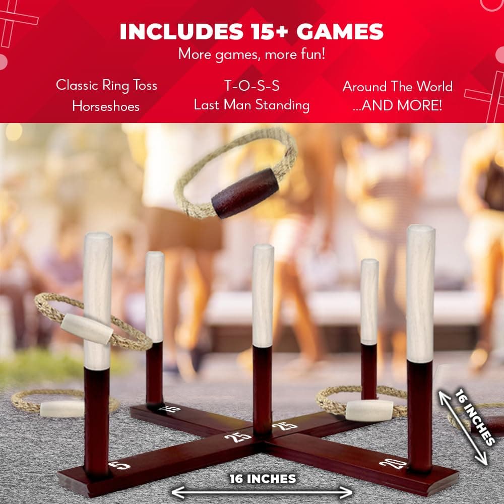 Swooc Games - Premium Rustic Ring Toss Game (All Weather) - Easy Setup & Extra Games Included - Outdoor Ring Toss Game for Adults and Kids - Yard Activity For Adults - Oversized Lawn Activity Rope Set thumbnail 4