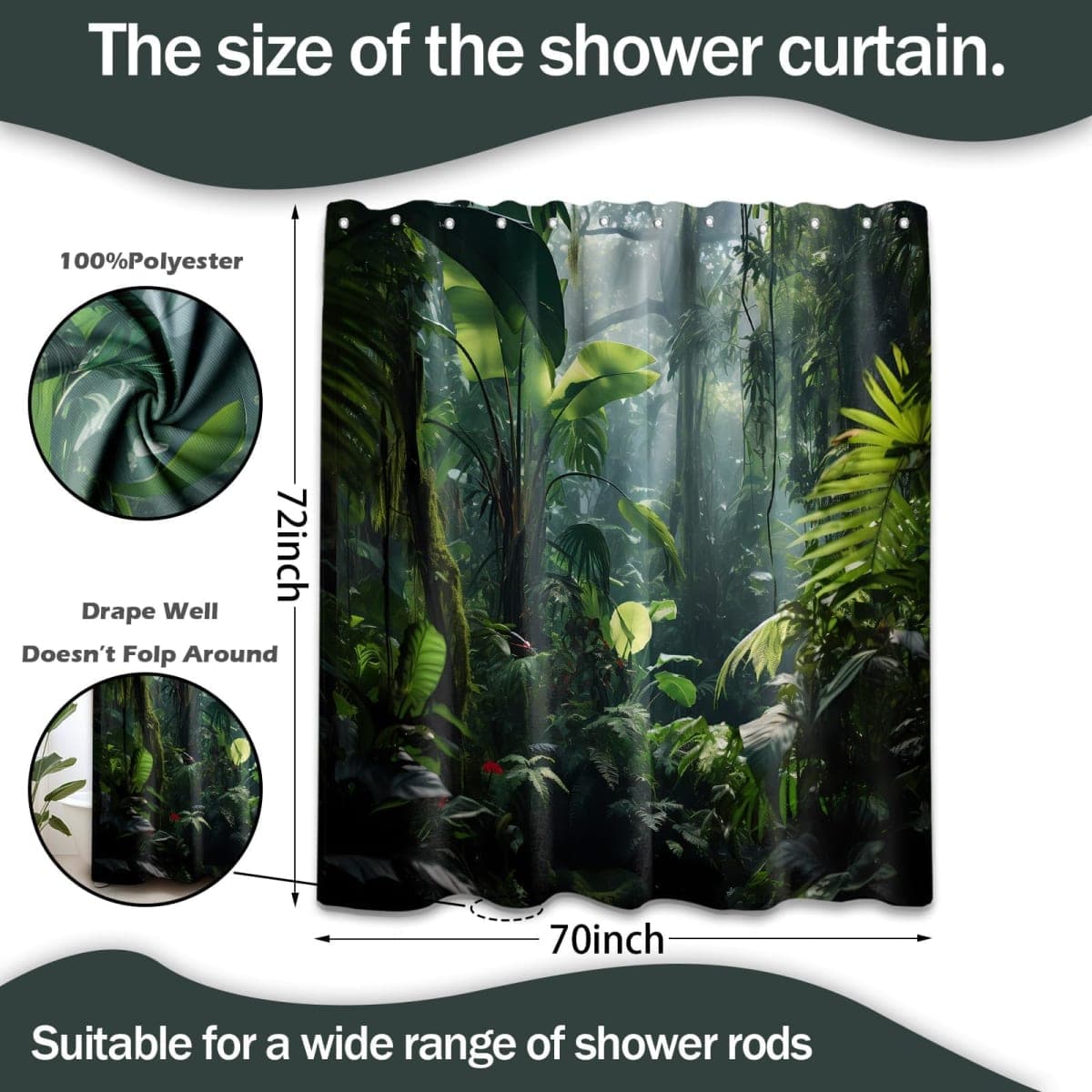 DLTAY Rainforest Jungle Shower Curtain,Tropical Forest Themed 72x72 in thumbnail 5
