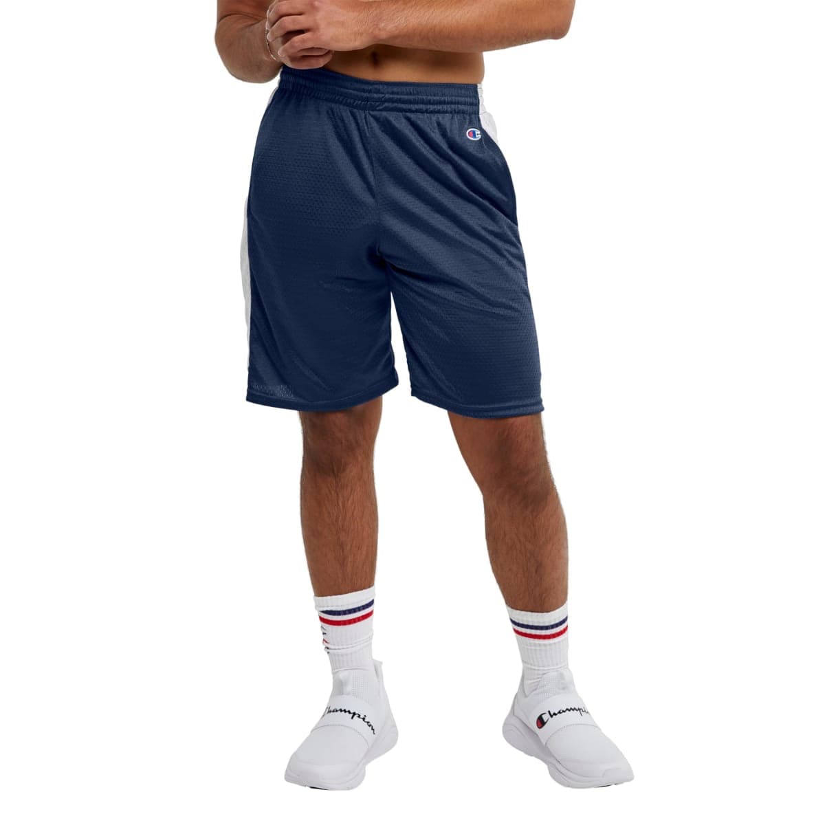 Champion Men's Shorts, Mesh Basketball Shorts, Sports Shorts for Men, Athletic Shorts, 10, Navy/White Vertical Script, X-Large — image 1