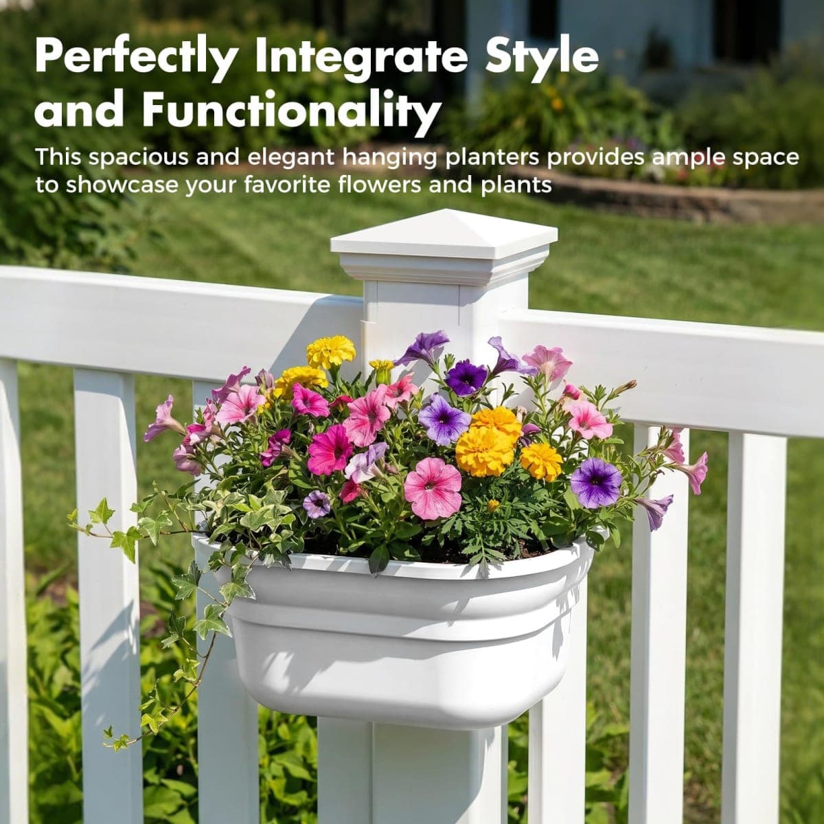 Hanging Planters for Outdoor Plants - Fence Plant Flower Pots, Plant Hangers Fence Post Planter with Post Caps for Outdoor Garden PVC Fence Decor - 4 Pack thumbnail 2