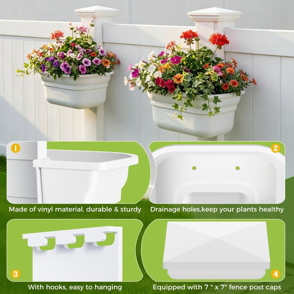 Hanging Planters for Outdoor Plants - Fence Plant Flower Pots, Plant Hangers Fence Post Planter with Post Caps for Outdoor Garden PVC Fence Decor - 4 Pack thumbnail 5
