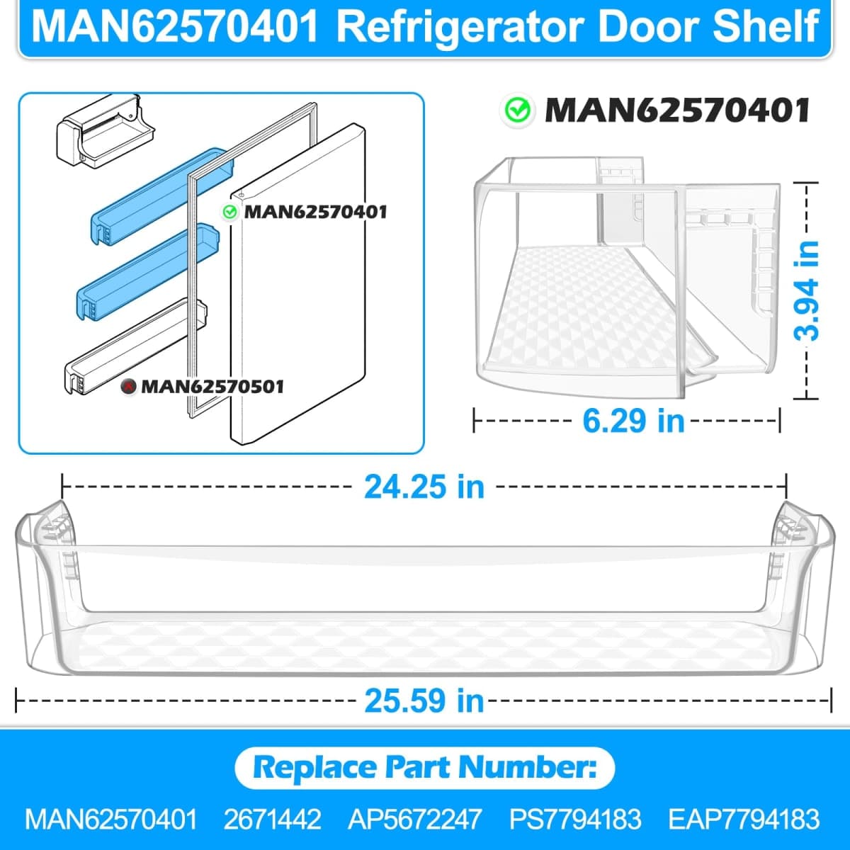 UPGRADED MAN62570401 Door Shelf Bin Compatible with LG Refrigerator Door Shelf Replacement LTCS20030S LTCS20020S LTCS20020W LTCS20020B Shelf, Refrigerator Door Basket Kenmore Refrigerator Door Shelves thumbnail 2