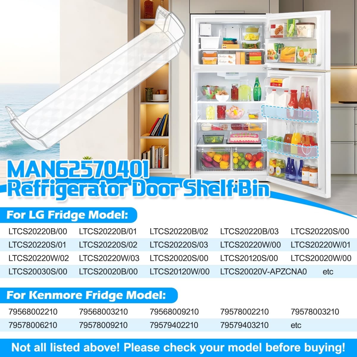 UPGRADED MAN62570401 Door Shelf Bin Compatible with LG Refrigerator Door Shelf Replacement LTCS20030S LTCS20020S LTCS20020W LTCS20020B Shelf, Refrigerator Door Basket Kenmore Refrigerator Door Shelves thumbnail 4