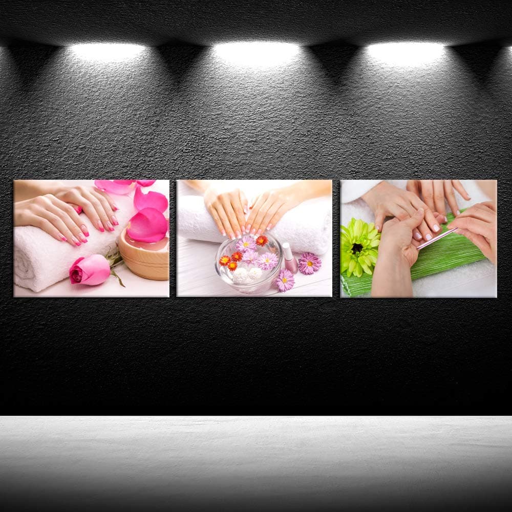 iKNOW FOTO 3 Piece Beauty Nail Salon Prints Canvas Wall Art Fashion Women Manicure Picture Wall Decor Pink Green Flowers Nail-Painting Hands Spa Poster Framed Artwork Ready to Hang 12x16inchx3pcs thumbnail 2