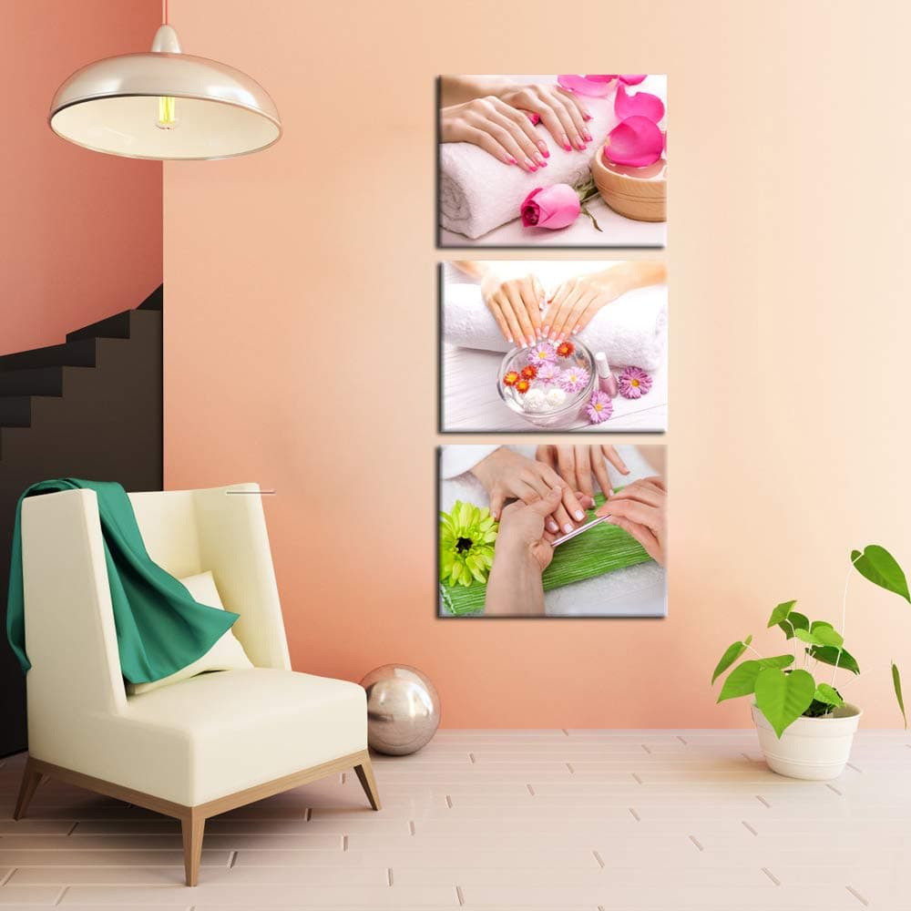 iKNOW FOTO 3 Piece Beauty Nail Salon Prints Canvas Wall Art Fashion Women Manicure Picture Wall Decor Pink Green Flowers Nail-Painting Hands Spa Poster Framed Artwork Ready to Hang 12x16inchx3pcs thumbnail 3
