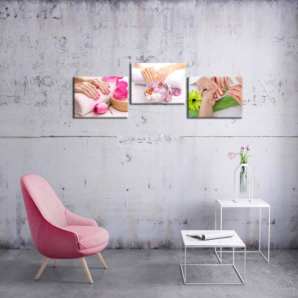 iKNOW FOTO 3 Piece Beauty Nail Salon Prints Canvas Wall Art Fashion Women Manicure Picture Wall Decor Pink Green Flowers Nail-Painting Hands Spa Poster Framed Artwork Ready to Hang 12x16inchx3pcs thumbnail 4