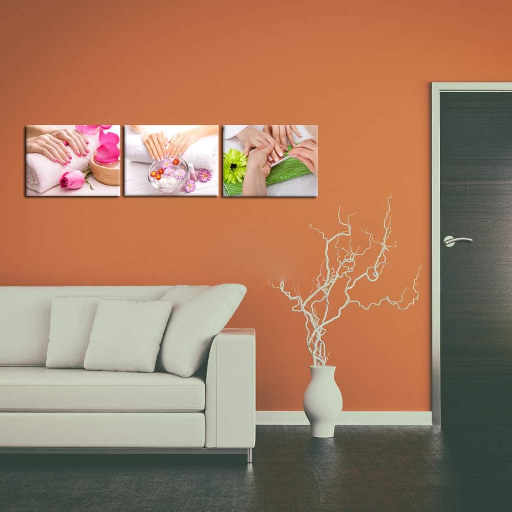 iKNOW FOTO 3 Piece Beauty Nail Salon Prints Canvas Wall Art Fashion Women Manicure Picture Wall Decor Pink Green Flowers Nail-Painting Hands Spa Poster Framed Artwork Ready to Hang 12x16inchx3pcs thumbnail 5