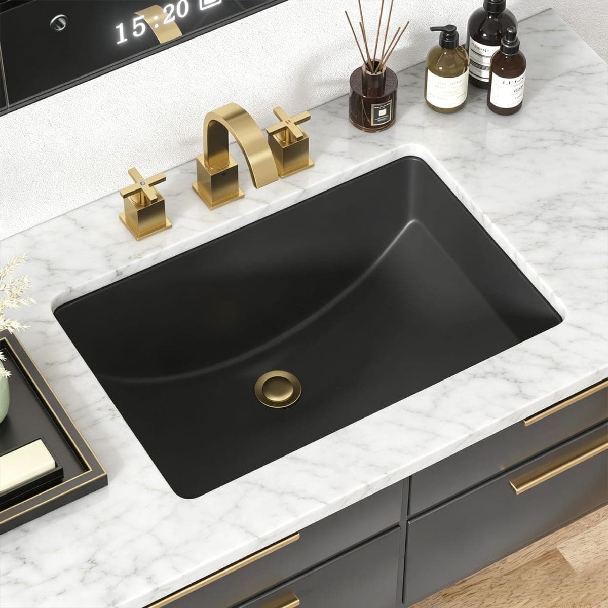 Kichae 21 Black Undermount Bathroom Sink - 21x14 Matt Black Vanity Sink Modern Rectangle Undermount Sink Porcelain Ceramic Lavatory Vanity Bathroom Sink with Overflow — image 1