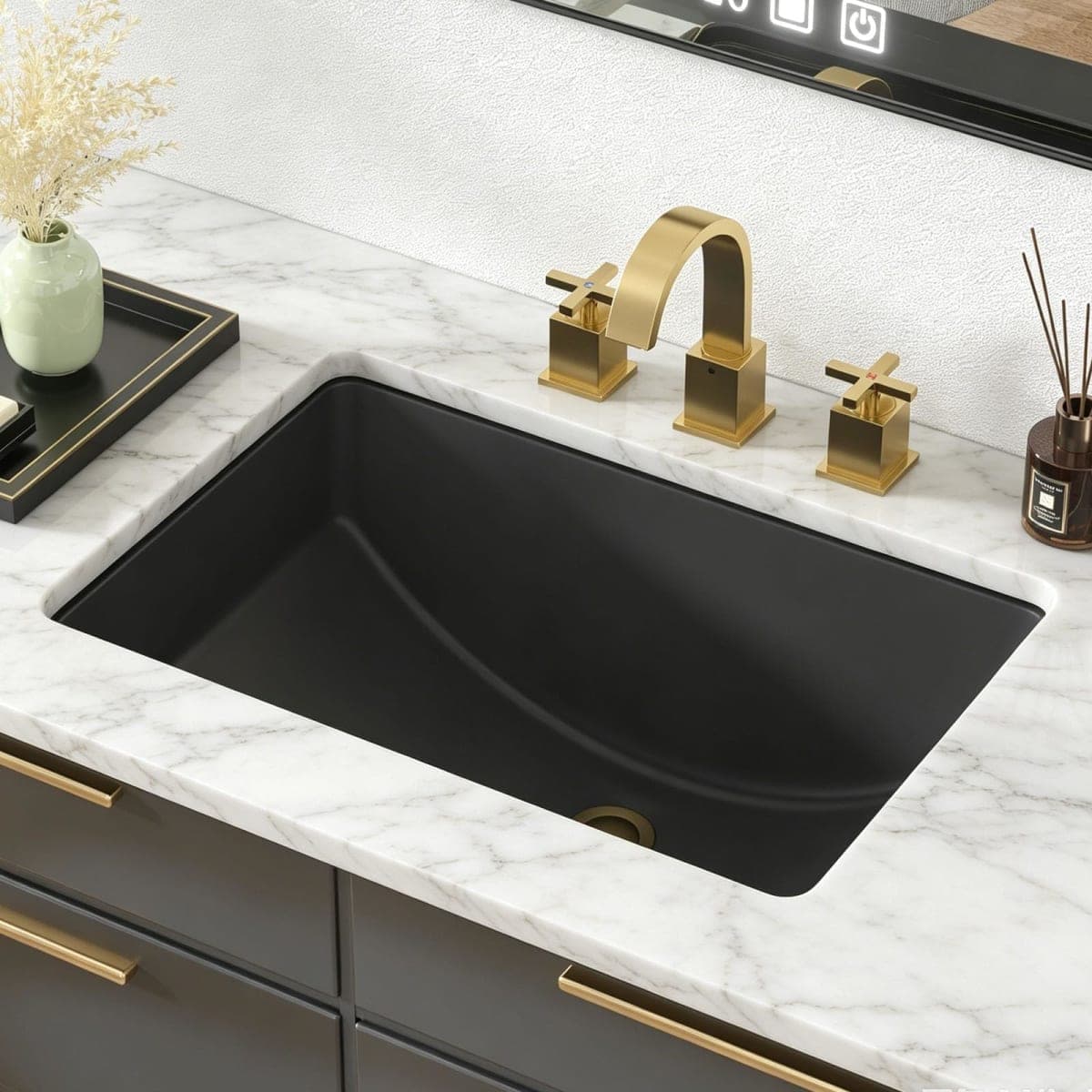 Kichae 21 Black Undermount Bathroom Sink - 21x14 Matt Black Vanity Sink Modern Rectangle Undermount Sink Porcelain Ceramic Lavatory Vanity Bathroom Sink with Overflow thumbnail 2