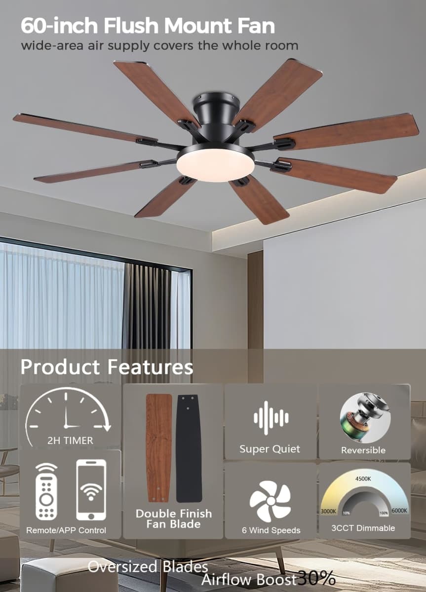 JSAITEE 60Inch Ceiling Fan with Lights, Large Low Profile Flush Mount,Brown thumbnail 2