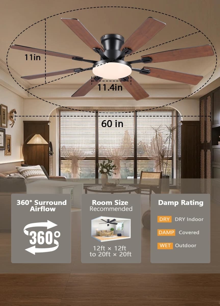 JSAITEE 60Inch Ceiling Fan with Lights, Large Low Profile Flush Mount,Brown thumbnail 5