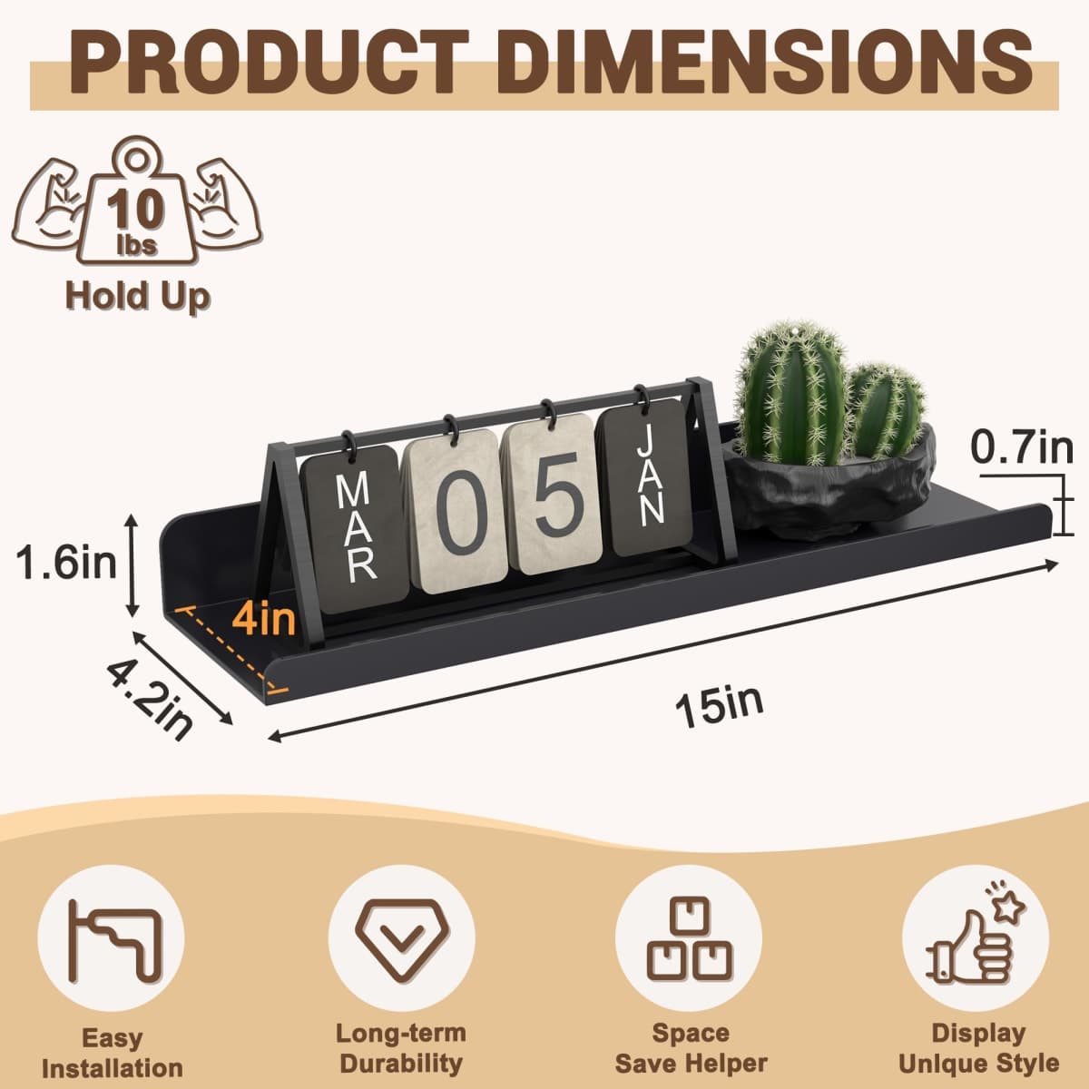 Qukaka Floating Shelves for Wall Decor, 15" Wall Shelves for Bedroom, Living Room, Kitchen, Bathroom Decor, Nail Polish/Book/Decoration/Makeup/Perfume Organizer Floating Shelf-3Pack Black thumbnail 2